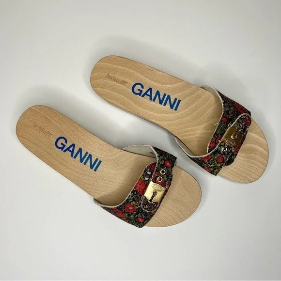 GANNI x Dr. Scholl's Red Floral Buckle Wooden Clog Slides Sandals Retro NEW - Picture 2 of 13